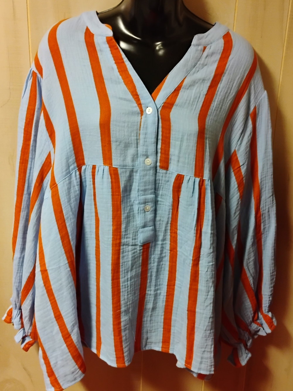 Blue and Orange Striped Women's Button-Front Peasant Shirt